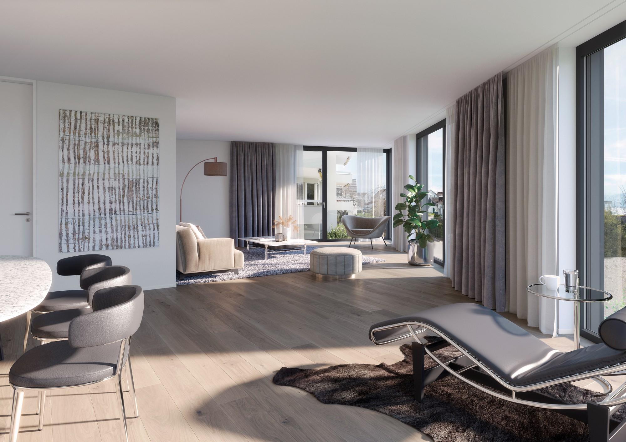 Helles, modernes Wohnzimmer mit Panoramafenstern