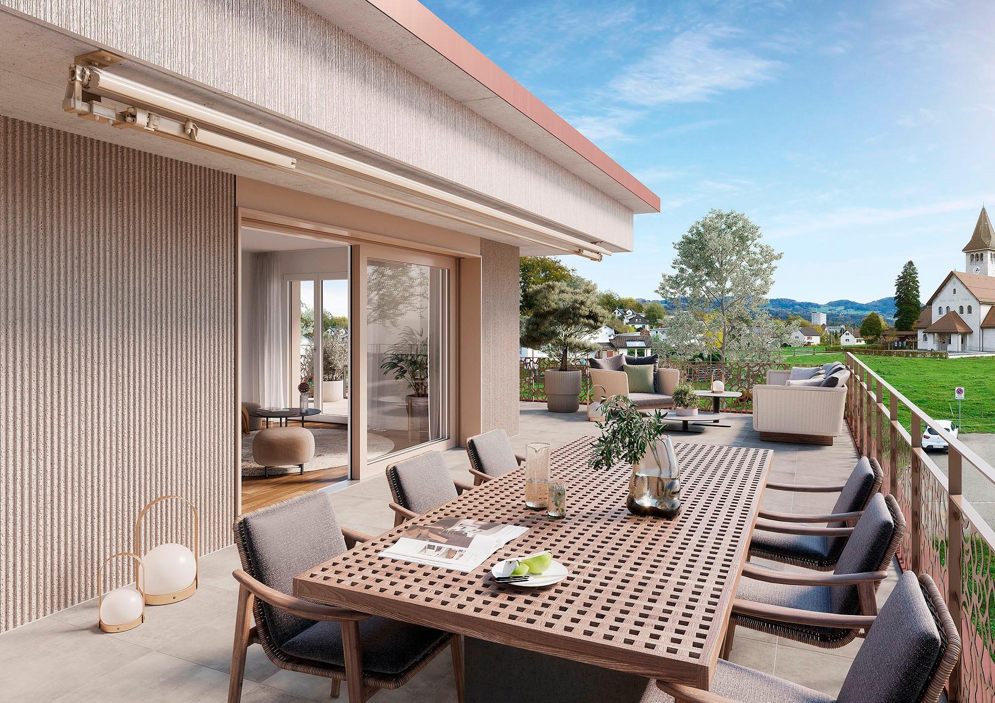 Großzügige Terrasse mit Blick ins Grüne