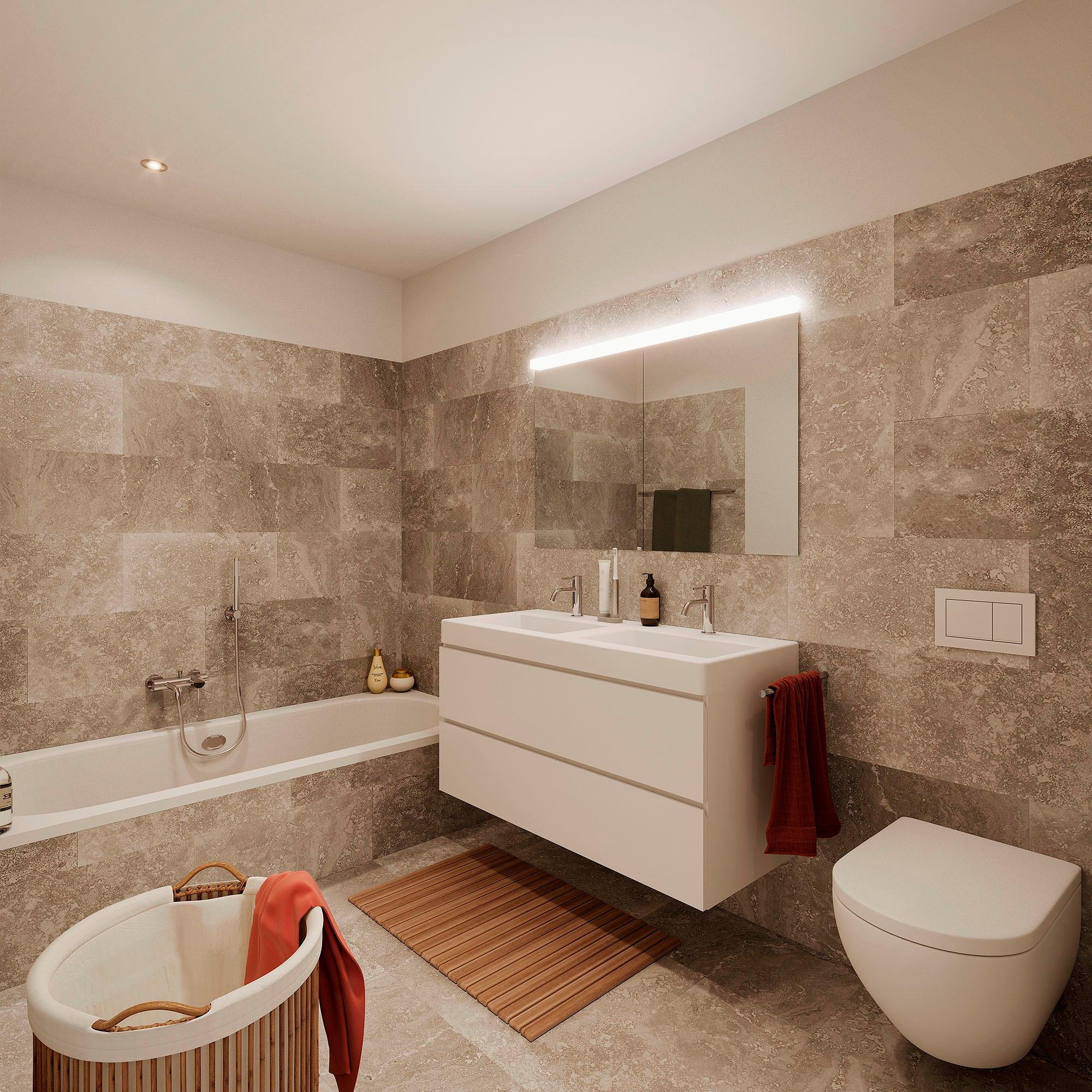 Modernes Badezimmer mit Naturstein und Doppelwaschbecken