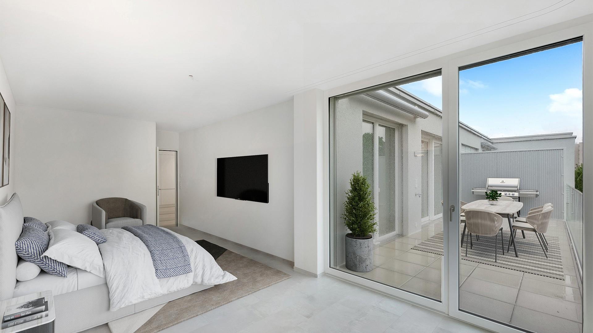Helles Schlafzimmer mit Terrasse